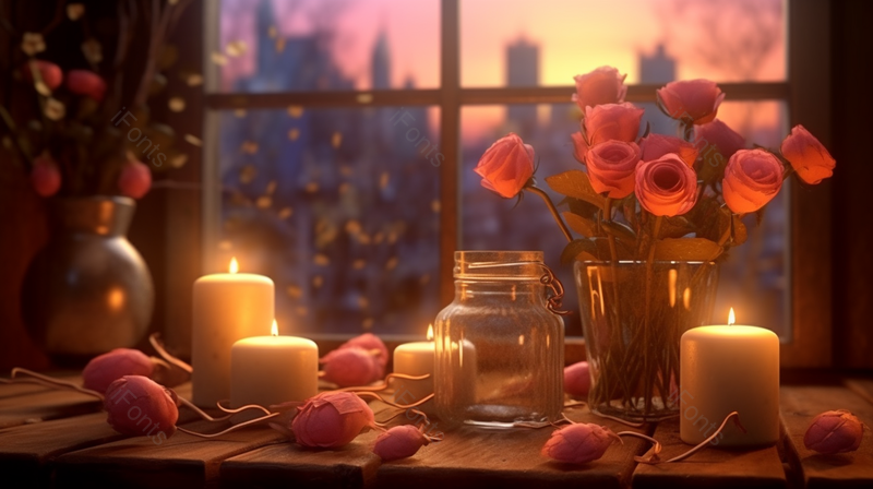 蜡烛温馨氛围下花瓶里的花实拍摄影图,高清,摄影图,摄影图片,图片大全,摄影图免费下载